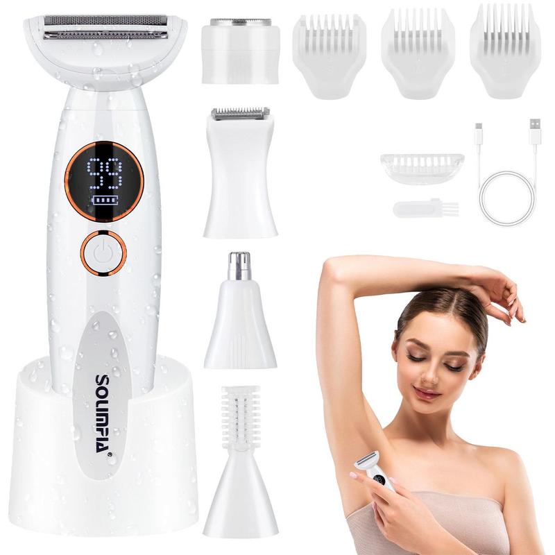 5 in 1 Electric Shaver, 1 Set Rechargeable Body Hair Trimmer with Detachable Head & Accessories, Waterproof Electric Eyebrow Trimmer for Women