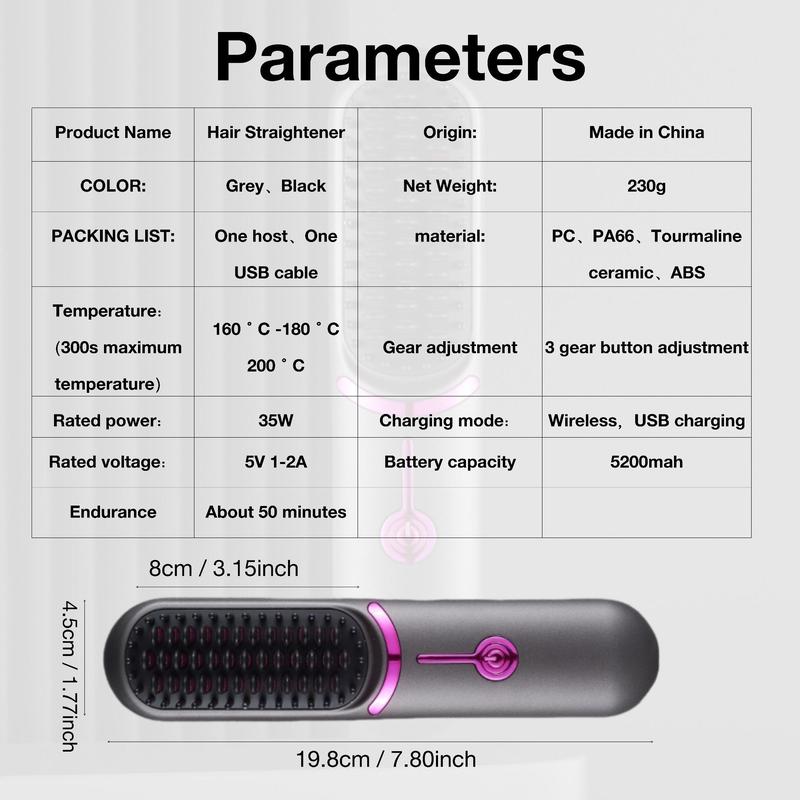 Summer Wireless USB Charging Straight Hair Comb, Cordless Hair Straightener, Hair Straightening Comb for Frizz Free Hair, Smooth Heated Hair Styling Tool, Makeup Products, Hair Products