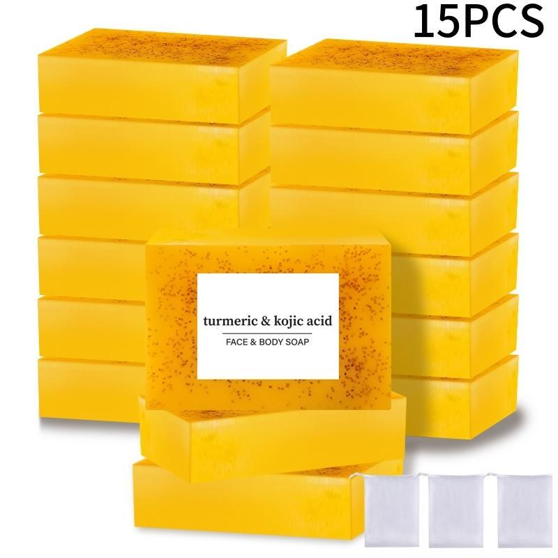 Turmeric & Kojic Acid Brightening Soap, 15pcs set Natural Handmade Cleansing Body Care Soap Bar, Gentle Cleanser Soap for Men, Women All Skin Types, Christmas Gift, Comfort Skin Care Products