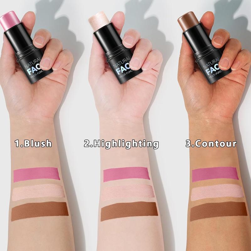 3Pcs Cream Contour Stick Makeup Kit, Shades with Highlighter Stick, Blush Stick and Bronzer Contour Stick for Scul the Cheeks, Long Lasting, Waterproof, Matte & Dewy Finish (LIGHT MEDIUM)