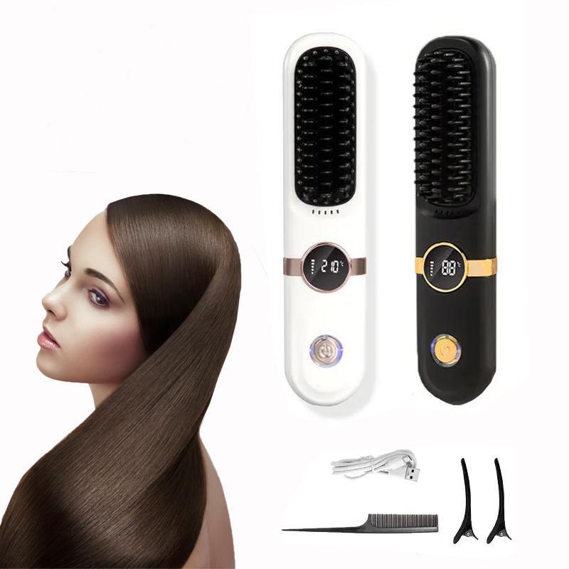 USB Rechargeable Wireless Hair Straightening Comb, 1 Set 4-speed Temperature Control Hair Straightener, Portable Styling Comb for Home & Travel