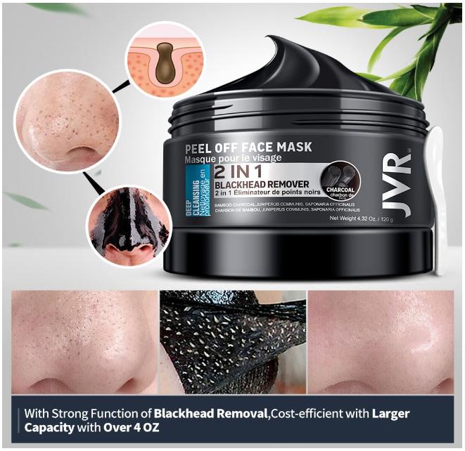 JVR Peel Off Face Mask, Blackhead Remover Mask for Men, Charcoal Peel Off Black Mask, Facial Mask Purifying and Deep Cleansing for All Skin Types 4.23 OZ