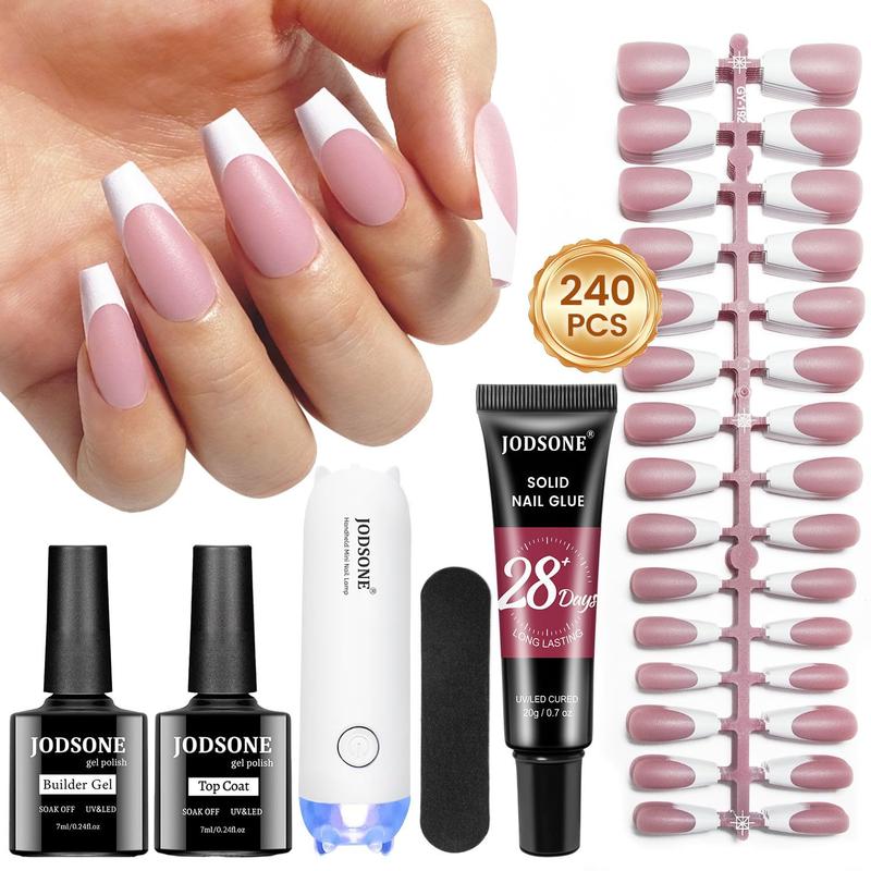 JODSONE 244PCS French Gel Nail Tips Kit French Tip Press on Nails Soft Fack Nail Tips Gel Nail Glue,Builder Gel,Top Coat,Nail Lamp All Included for Nail Art Easy DIY