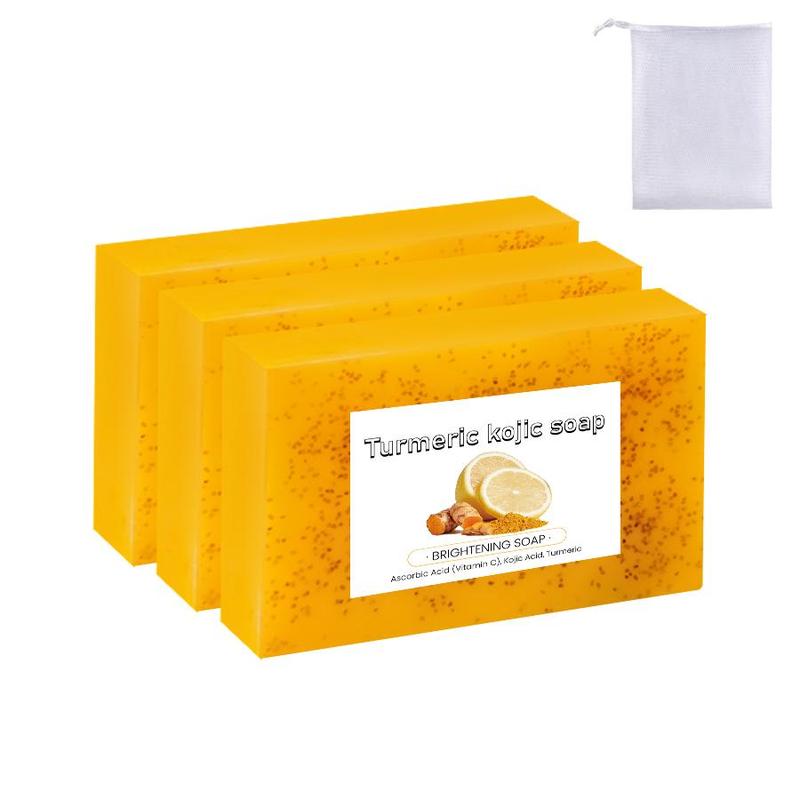 Turmeric Lemon Brightening Soap with Foaming Net, 3 Counts set Deep Cleansing Bathing and Facial Care Handmade Soap, Daily Skin Care Product for Women & Men