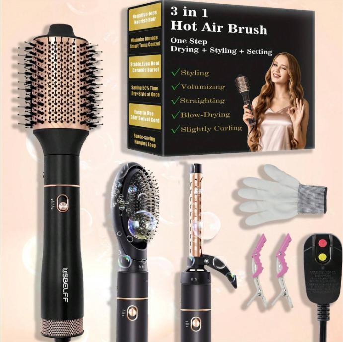 3-in-1 Hot air brush, removable, multiple temperature Settings, suitable for women with medium to long hair, black and blonde