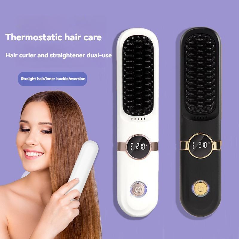 USB Rechargeable Wireless Hair Straightening Comb, 1 Set 4-speed Temperature Control Hair Straightener, Portable Styling Comb for Home & Travel