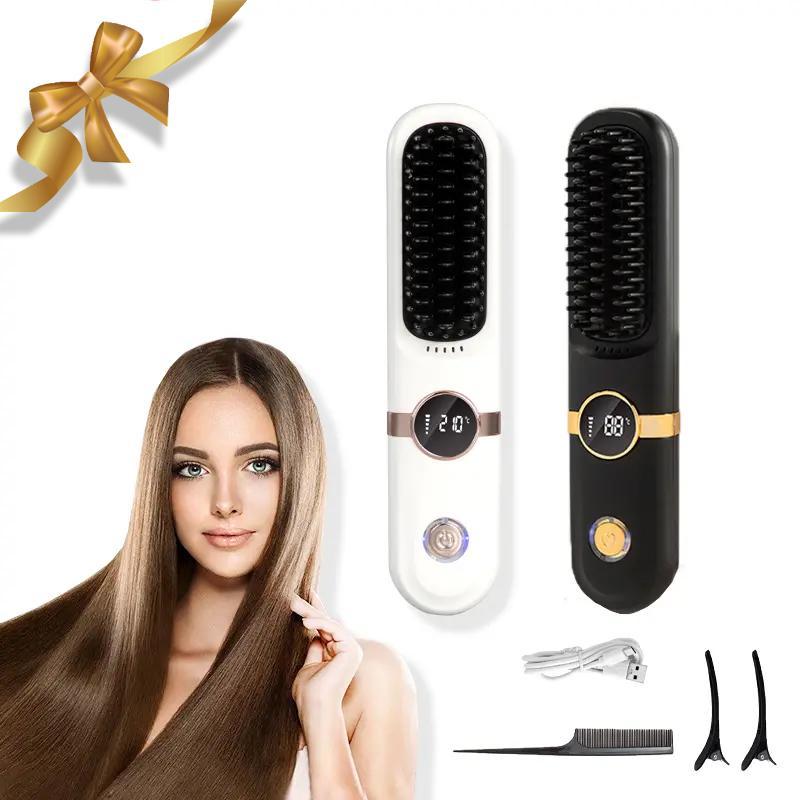 USB Rechargeable Wireless Hair Straightening Comb, 1 Set 4-speed Temperature Control Hair Straightener, Portable Styling Comb for Home & Travel