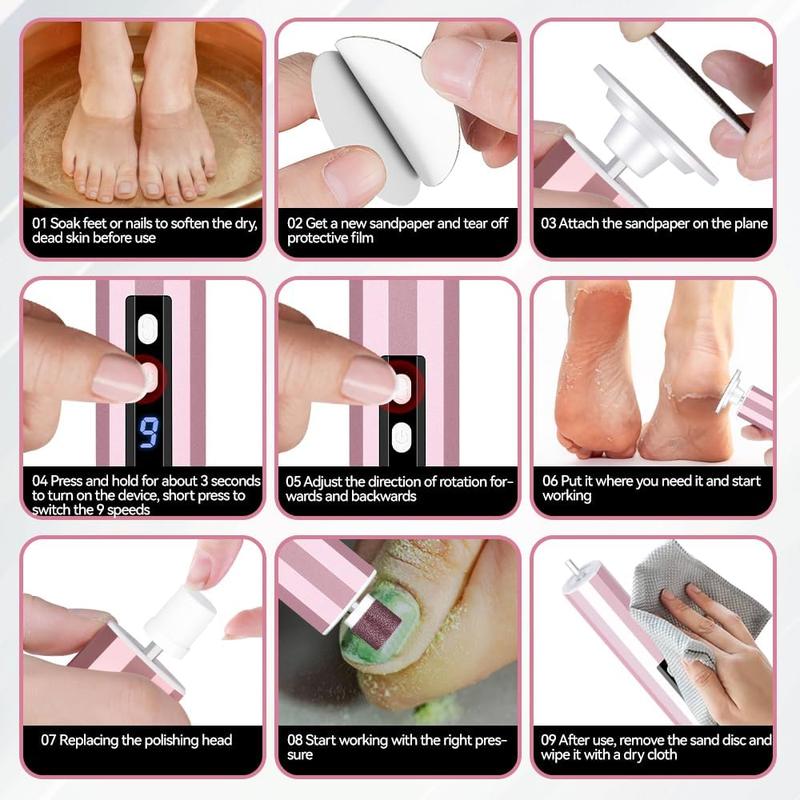 Electric Foot Callus Remover, Foot Scrubber Nail File Grinder, Rechargeable Pedicure Tool for Feet with Replacement Sandpaper Disc, Professional Feet Sander for Dry Dead Skin with 9 Speed Adjustable