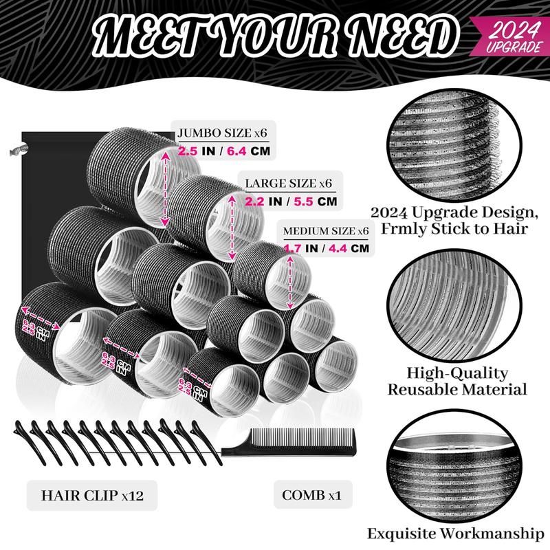 32 count Set  Large Hair Rollers for Blowout Look with Clips, Comb and Bag, 3 Sizes Rollers for Long Hair, Medium and Short Hair, Black