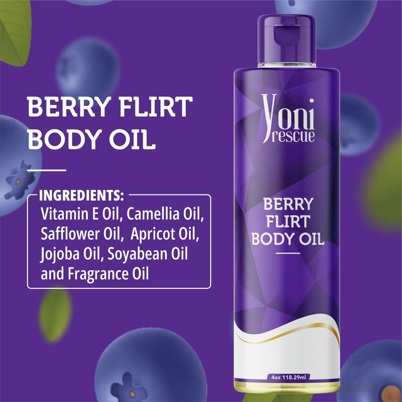 Berry Flirt Daily Moisturizing Body Oil, 4oz, with Apricot, Jojoba, Avocado Oils & Vitamin E Oil, Fast-Absorbing, Nourishes and Hydrates Skin, Skin Repair, Body Care, Ideal for All Skin Types, Berry Fragrance Moisturizer by Yoni Rescue