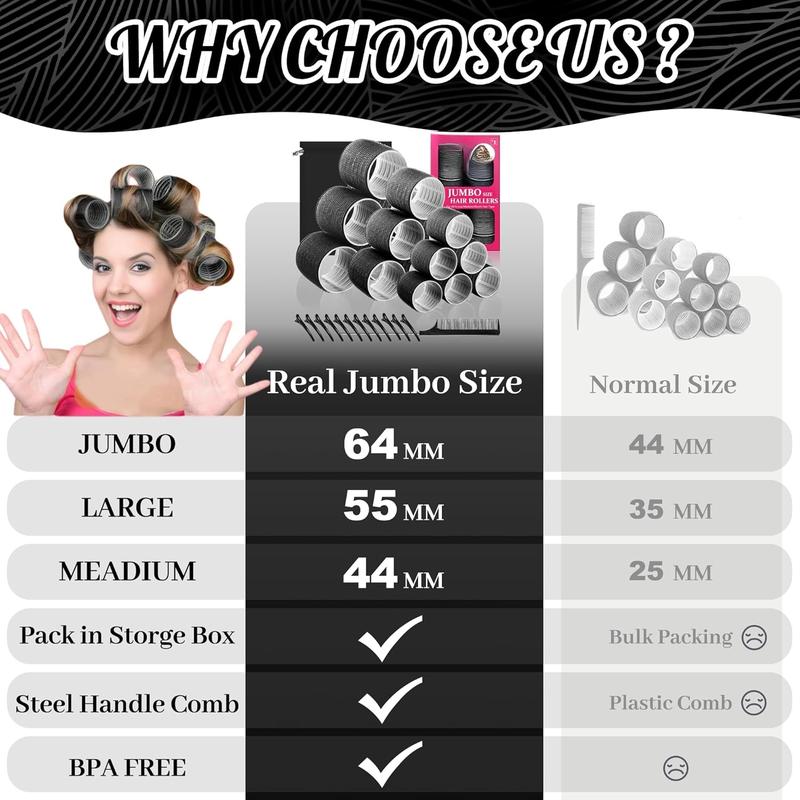 32 count Set  Large Hair Rollers for Blowout Look with Clips, Comb and Bag, 3 Sizes Rollers for Long Hair, Medium and Short Hair, Black