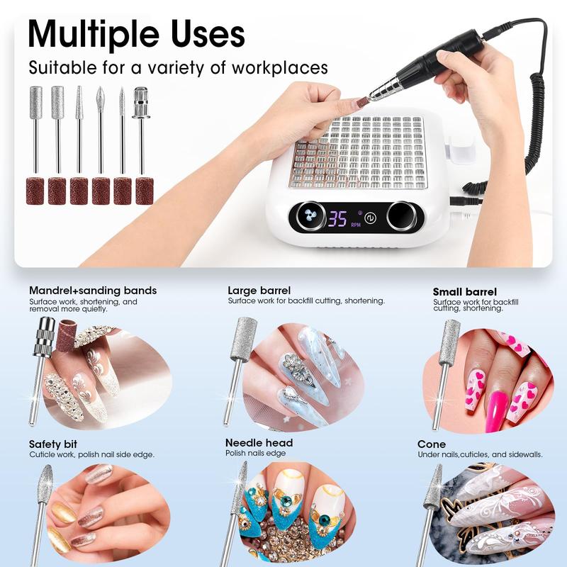 Nail Dust Collector Nail Drill 2 in 1 Smart Dust Collector Nail Tech and Nail Drill Professional 35000 rpm with LCD Screen, Nail Vacuum Dust Collector for Acrylic Nail Gel Nail Polish Remover