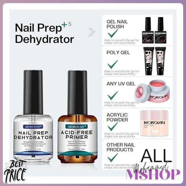 Morovan Professional Natural Nail Prep Dehydrate and Acid-Free Primer, Dehydrator for Acrylic and Gel Nail Polish, Non Acid Primer for UV Gels Fast Dry Superior Bonding Agent Gift Box Set