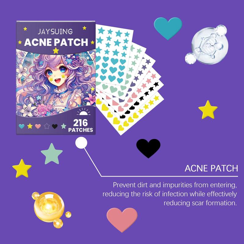 Acne Patches, 216pcs box Colorful Star & Heart Shaped Hydrocolloid Acne Cover Patches, Gentle Skin Care Products for Women & Men