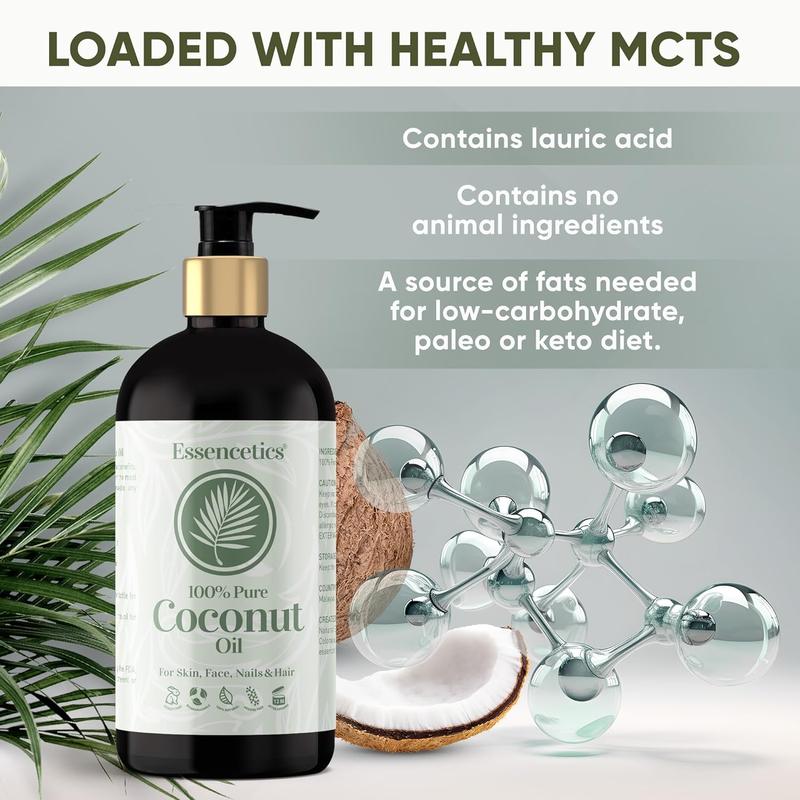 Essencetics - Fractionated Coconut Oil 16 oz - 100% Pure & Natural Liquid Coconut Oil for Skin, Body, Face, & Hair