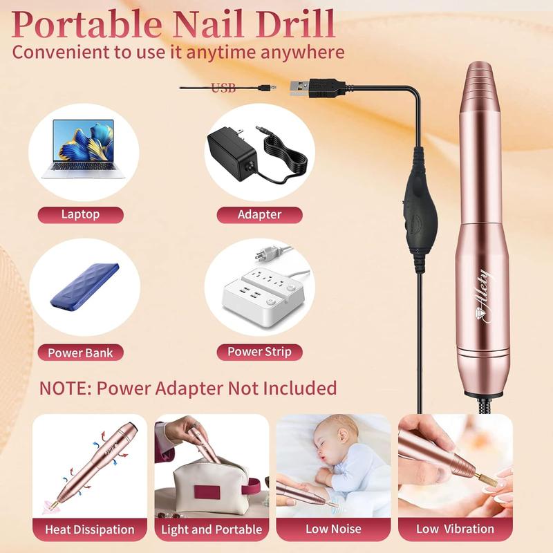 Electric Nail Drill Kit, Portable Electric Nail File for Acrylic Gel Nails, Professional Nail Drill Machine Efile Manicure Pedicure Tools with Gold Nail Drill Bits for Home Salon Use