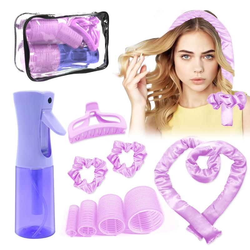 Heatless Curls Overnight, Heatless Hair Curler and Curling Scrunchie Set, Heatless Curling Rod With Spray Bottle, No-Heat Hair Curlers, Overnight Blowout Rods, for Medium to Long Hair (Purple)