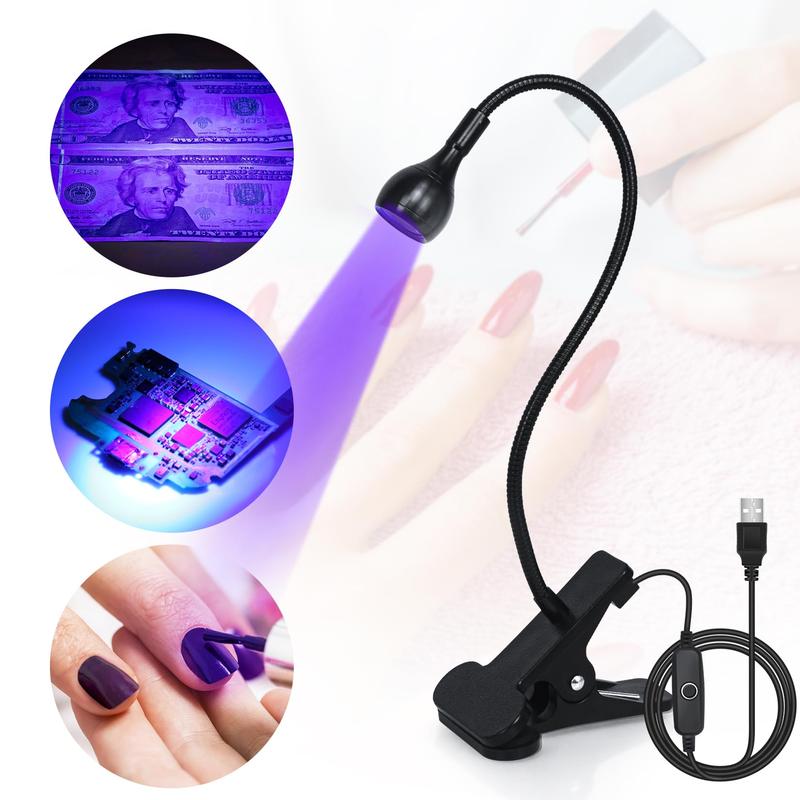 UV Light Gooseneck UV Lamp for Nails 365+395nm 3w Black Light LED UV Nail Lamp with Clamp for Gel Nails Ultraviolet Curing UV Nail Lamp 5v USB Input UV Light with 4 Levels Dimming, Nail Art Tool for Home & Salon Use