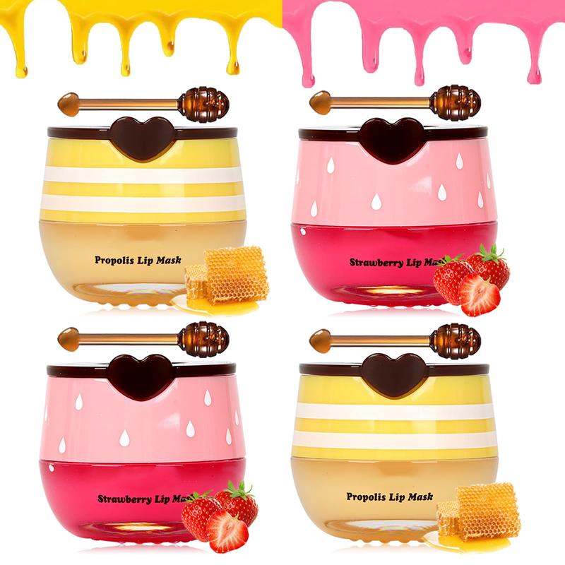 Bee Lip Balm Set - 4 PCS Strawberry & Honey Lip Masks for Hydration & Exfoliation | Prevent Dry, Cracked Lips | Lip Sleep Mask to Reduce Lines & Moisturize