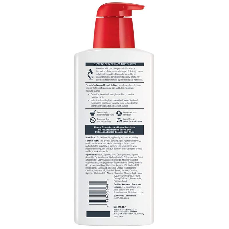 Eucerin Advanced Repair Body Lotion for Very Dry Skin, Unscented Lotion Formulated with Ceramides, 16.9 Fl Oz Bottle Body Care Moisture