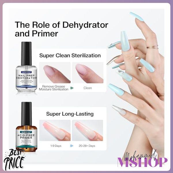 Morovan Professional Natural Nail Prep Dehydrate and Acid-Free Primer, Dehydrator for Acrylic and Gel Nail Polish, Non Acid Primer for UV Gels Fast Dry Superior Bonding Agent Gift Box Set