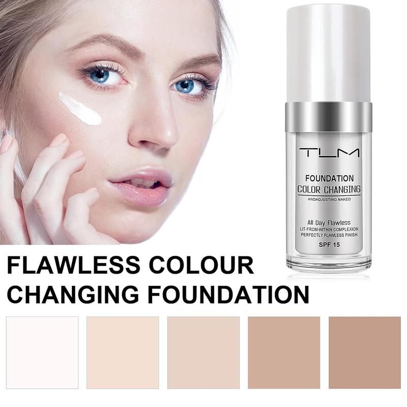 2 PACK TLM Color Changing Foundation Liquid Base, All Day Flawless Warm Skin Tone BB Cream Makeup Base Concealer for All Skin SPF15