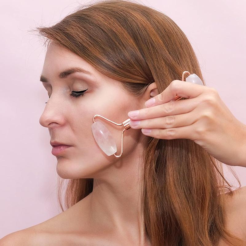 Face Massager Rose Quartz Face Roller & Gua Sha Facial Tool Set, Lymphatic Drainage Massage Tool for Self Care, Muscle Tension Relief, Skin Care Gift for Men Woman