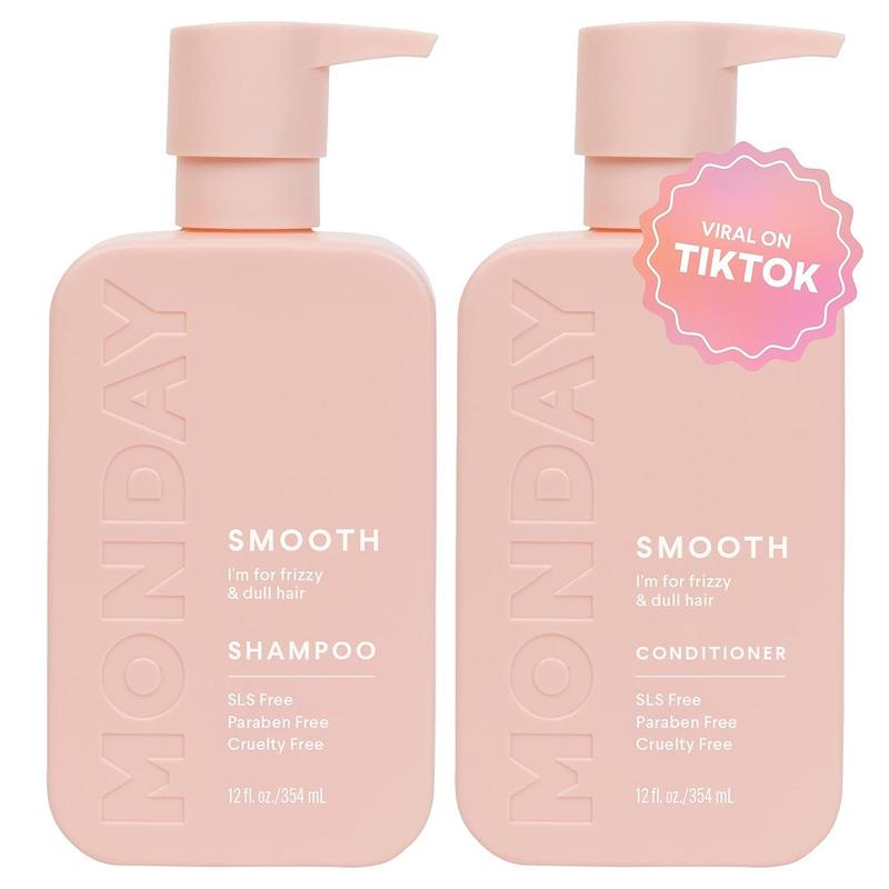 MONDAY HAIRCARE Smooth Shampoo + Conditioner Bathroom Set (2 Pack) 12oz Each for Frizzy, Coarse, and Curly Hair, Made from Coconut Oil, Shea Butter, & Vitamin E, 100% Recyclable Bottles, Pink