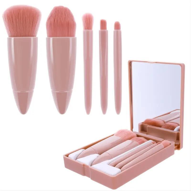 Portable Makeup Brush Set with Mirror Case, 5 Counts set Mini Makeup Brushes for Foundation, Powder, Cosmetic Gift, Cosmetic Products, Christmas Gift