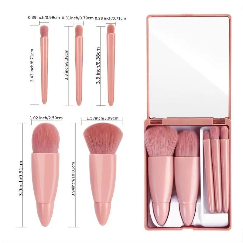 Portable Makeup Brush Set with Mirror Case, 5 Counts set Mini Makeup Brushes for Foundation, Powder, Cosmetic Gift, Cosmetic Products, Christmas Gift