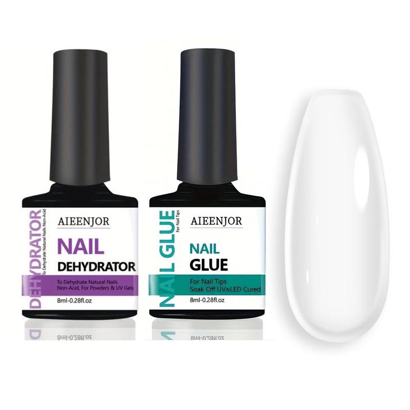 4 in 1 Nail Glue Gel Set, 2 Counts set Nail Prep Dehydrator & Nail Glue, Long Lasting Soak Off UV LED Curing Needed, Manicure Tool for Women & Girls, Nail Supplies