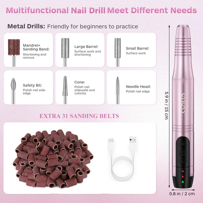 COSLUS Cordless Nail Drill Electric File: Professional for Acrylic Gel Dip Powder Nails Portable Nail Drill Machine Kit for Manicure Pedicure Nail Set, 6 Hours Battery Life, Low Heat & Vibration. For Hand and Toe Nails. Nail Care Nail Art Cutics Uv