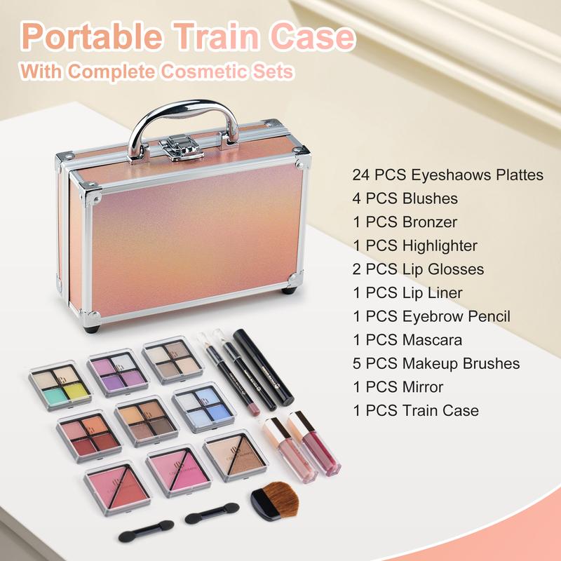 Color Nymph Beginner Makeup Kit for Girls - Perfect Gift Set for Teens with Train Case, Eyeshadow Palette, Blush, Bronzer, Highlighter, Lipstick, Brushes, and Mirror - Complete Starter Makeup Collection