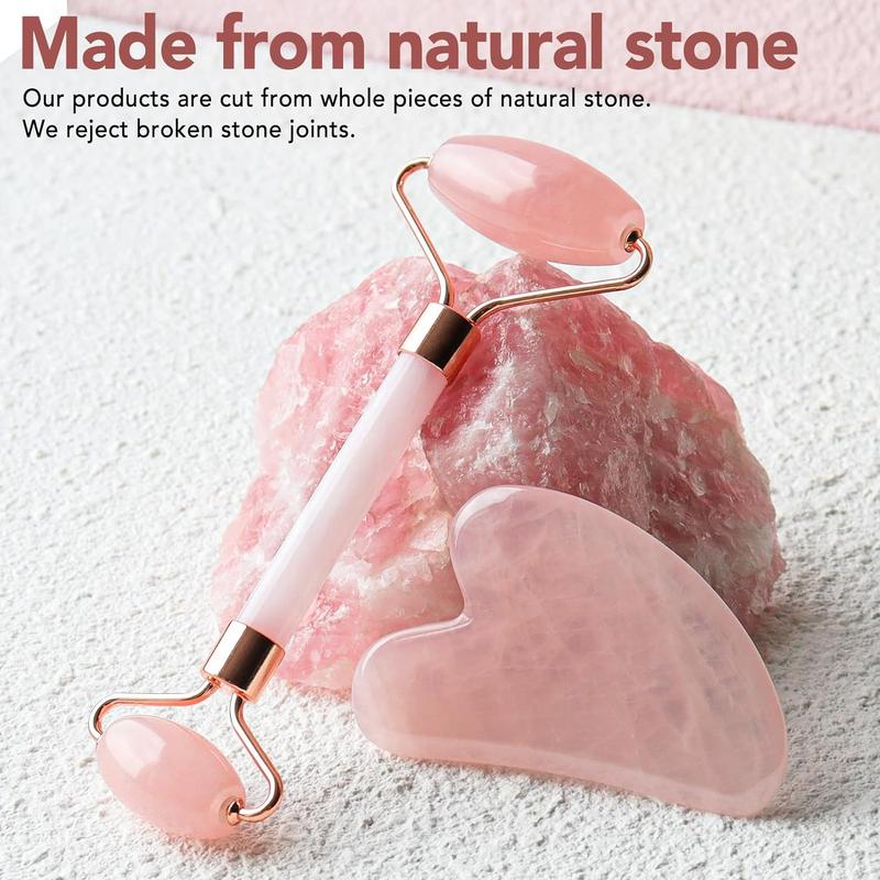 Face Massager Rose Quartz Face Roller & Gua Sha Facial Tool Set, Lymphatic Drainage Massage Tool for Self Care, Muscle Tension Relief, Skin Care Gift for Men Woman