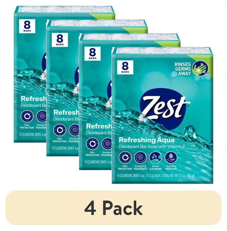 (4 pack) Zest Deodorant Bar Soap, Hydrating Moisture for All Skin Types, Aqua, 4 oz, 8 Bars Body Care Cleansing