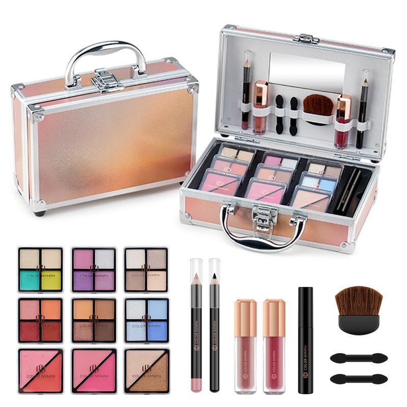 Color Nymph Beginner Makeup Kit for Girls - Perfect Gift Set for Teens with Train Case, Eyeshadow Palette, Blush, Bronzer, Highlighter, Lipstick, Brushes, and Mirror - Complete Starter Makeup Collection