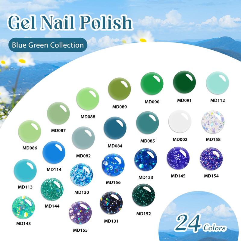 Colorful Gel Nail Polish Set, 24pcs set Green Blue Collection Soak off UV Gel LED Lamp Nail Art Gel, Long Lasting Nail Art DIY for Women & Girls