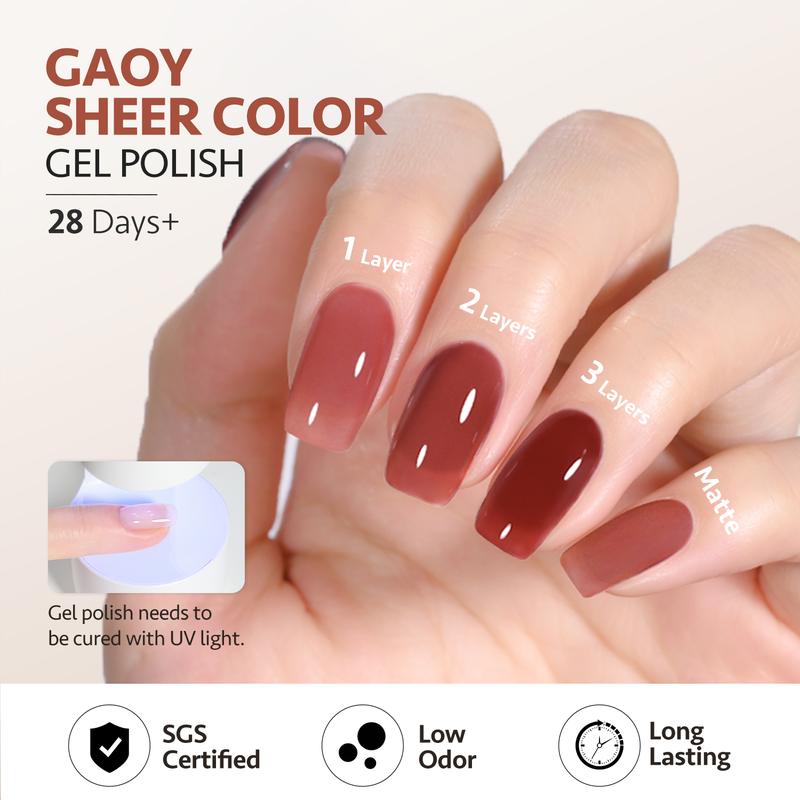 GAOY UV Gel Nail Polish Jelly Brown of 6 Transparent Nude White Dark Red Colors Sheer Gel Polish Kit for Salon Gel Manicure and Nail Art DIY at Home