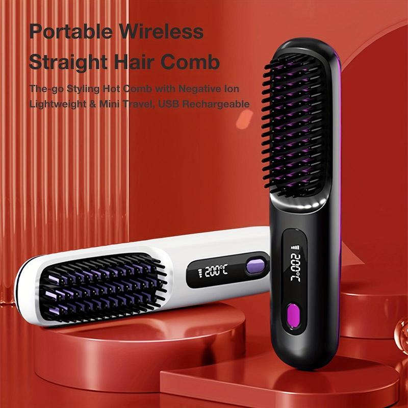 Portable Wireless Hair Straightener Comb, USB Rechargeable Hair Straightening & Curling Comb, Lightweight Hair Straightening Tool for Travel & Home Use