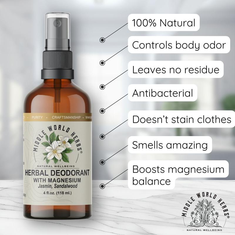 Herbal Deodorant with Magnesium 4oz for Body Odor Control. Natural, Antibacterial Body Spray with Aloe, Chamomile. Body Care