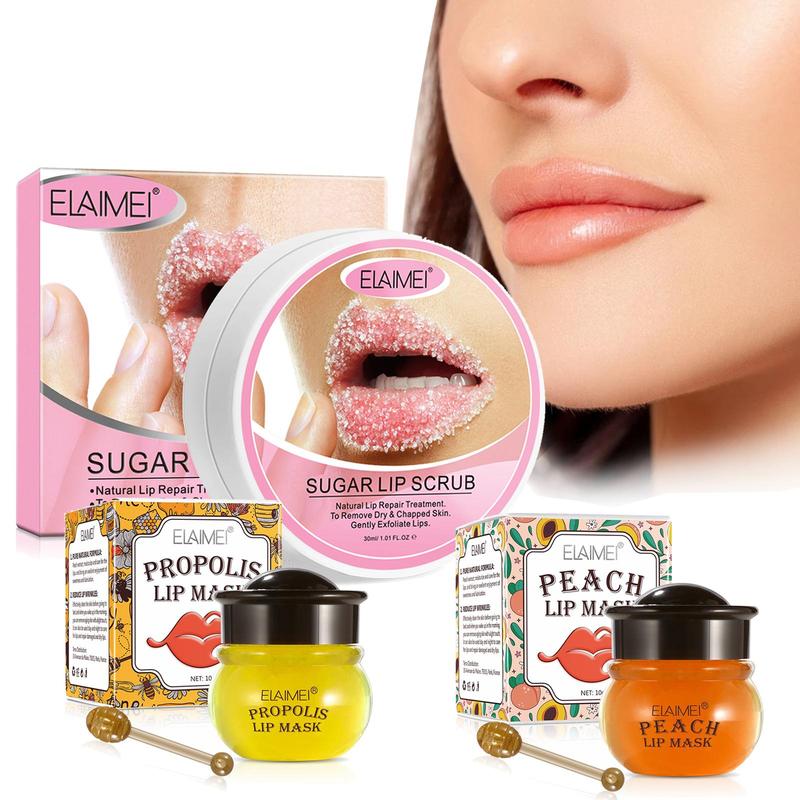 Sugar Lip Scrub & Honey Lip Mask & Peach Lip Mask, 3 Counts set Moisturizing Lip Care Set, Lip Exfoliating Scrub, Lip Care Product for Women & Girls