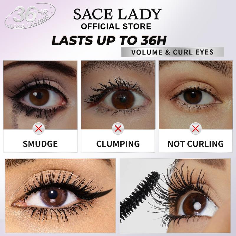 SACE LADY Waterproof Mascara Eyeliner Eyelash Curler Set Long-Lasting Volumizing Eye Makeup Set Brush Cosmetic