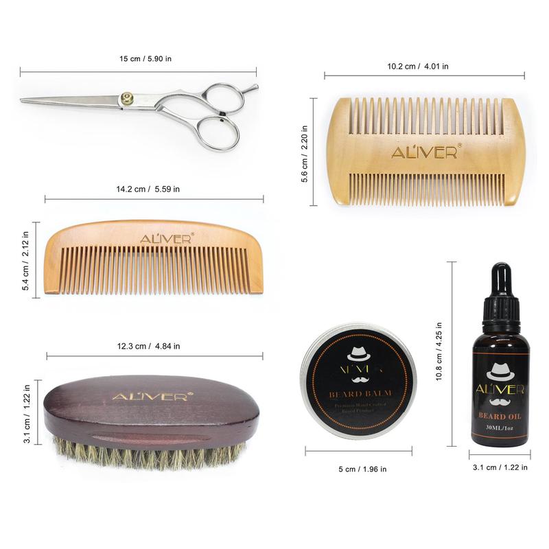 Men's Beard Care Kit, 6 Counts set Beard Comb & Brush & Double Comb & Scissors & Beard Oil & Beard Cream with Drawstring Cloth Bag, Gift Box