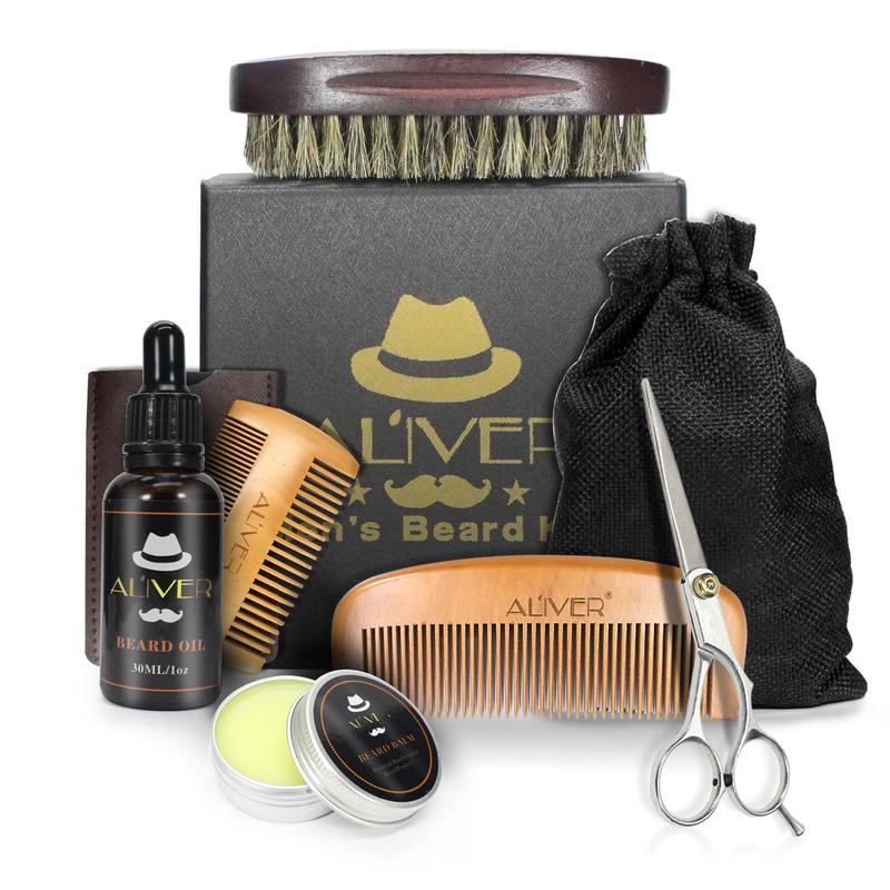 Men's Beard Care Kit, 6 Counts set Beard Comb & Brush & Double Comb & Scissors & Beard Oil & Beard Cream with Drawstring Cloth Bag, Gift Box