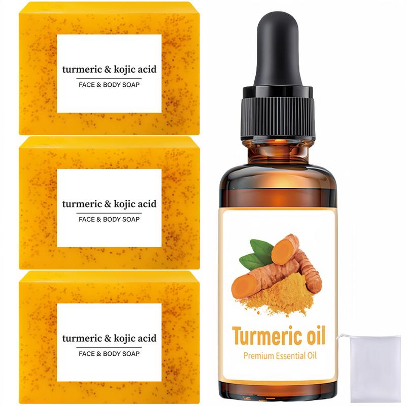 Lemon Turmeric & Kojic Acid Brightening Soap & Turmeric Essential Oil with Soap Saver Bags, Moisturizing Skin Care Set for Women Men Face & Body Wash, Skincare Products, Christmas Gift