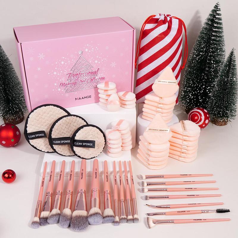 Makeup Tool Set, 62pcs set Makeup Brush & Triangle Powder Puff & Mini Thumb Puff & Makeup Remover Puff & Storage Bag, Professional Makeup Tools for Women, Christmas Gift Ideas