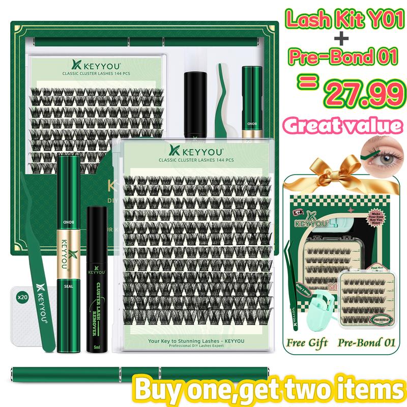 KEYYOU DIY Lash Clusters Kit Y01 Y02 40D Eyelash Extension Waterproof Long-Lasting Lash Extension Kit  Easy to Use for Beginners Free Gift Pre-Bond 01