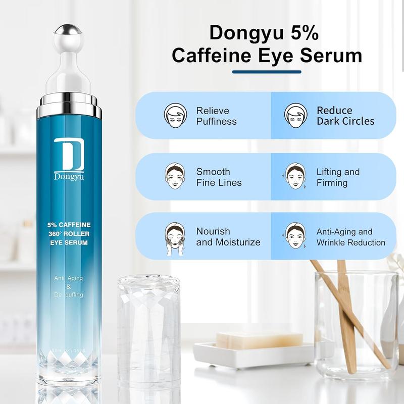 Dongyu New 5% Caffeine Eye Serum and Under Eye Roller Cream for Dark Circles and Puffiness with 360° Massage Ball - Classical Gift Daily Eye Cream