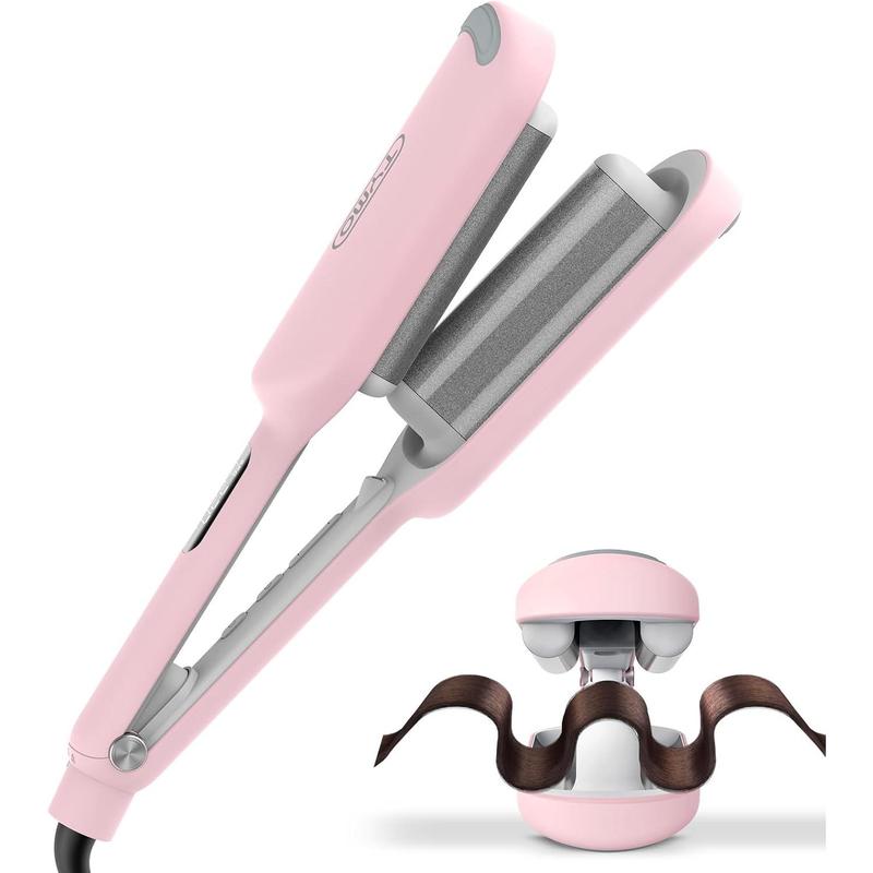 Curling Iron Hair Crimper Waver - TYMO ROVY Beach Waves Curling Wand, Ionic Deep Waver Hair Curler Tool with Ceramic 3 Barrel for Women, Dual Voltage, Anti-Scald, Easy to Use, 1.25 Inch, Pink