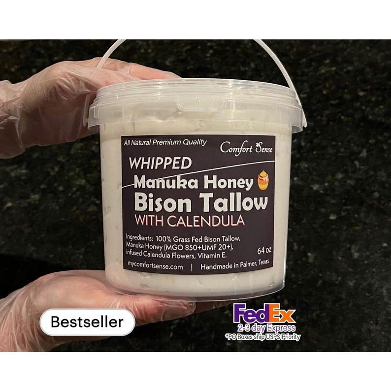 Manuka Honey & Bison with CALENDULA Whipped Tallow Cream with 850+MGO Manuka Honey, Whipped Tallow, Grass fed fat, Whole body moisturizer